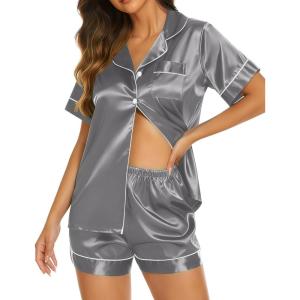 imageEkouaer Silk Pajamas for Women Short Sleeve Sleepwear Soft Button Down Loungewear 2 Piece Satin Pjs Shorts SetDark Grey