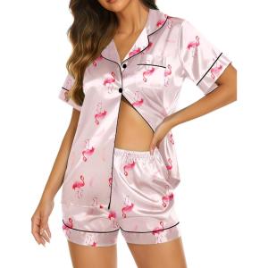 imageEkouaer Silk Pajamas for Women Short Sleeve Sleepwear Soft Button Down Loungewear 2 Piece Satin Pjs Shorts SetFlamingo Champagne
