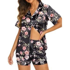 imageEkouaer Silk Pajamas for Women Short Sleeve Sleepwear Soft Button Down Loungewear 2 Piece Satin Pjs Shorts SetFloral Black Pink