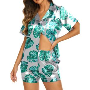 imageEkouaer Silk Pajamas for Women Short Sleeve Sleepwear Soft Button Down Loungewear 2 Piece Satin Pjs Shorts SetFloral Green Leaves