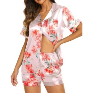 imageEkouaer Silk Pajamas for Women Short Sleeve Sleepwear Soft Button Down Loungewear 2 Piece Satin Pjs Shorts SetFloral Light Pink