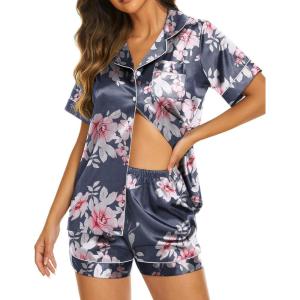 imageEkouaer Silk Pajamas for Women Short Sleeve Sleepwear Soft Button Down Loungewear 2 Piece Satin Pjs Shorts SetFloral Navy Pink