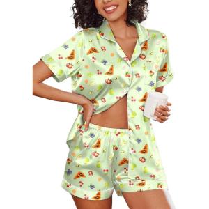 imageEkouaer Silk Pajamas for Women Short Sleeve Sleepwear Soft Button Down Loungewear 2 Piece Satin Pjs Shorts SetGreen Fruit