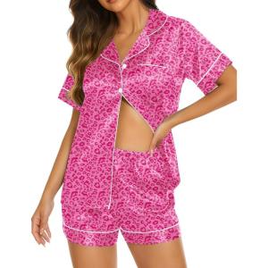 imageEkouaer Silk Pajamas for Women Short Sleeve Sleepwear Soft Button Down Loungewear 2 Piece Satin Pjs Shorts SetLeopard Rose