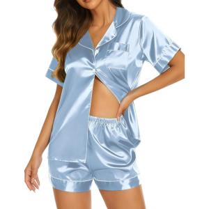 imageEkouaer Silk Pajamas for Women Short Sleeve Sleepwear Soft Button Down Loungewear 2 Piece Satin Pjs Shorts SetLight Blue