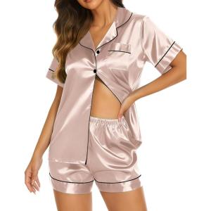 imageEkouaer Silk Pajamas for Women Short Sleeve Sleepwear Soft Button Down Loungewear 2 Piece Satin Pjs Shorts SetPale Coffee