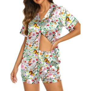 imageEkouaer Silk Pajamas for Women Short Sleeve Sleepwear Soft Button Down Loungewear 2 Piece Satin Pjs Shorts SetWhiteanimal