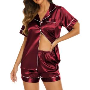 imageEkouaer Silk Pajamas for Women Short Sleeve Sleepwear Soft Button Down Loungewear 2 Piece Satin Pjs Shorts SetWine