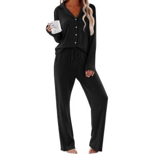 imageEkouaer Women Pajamas Set Long Sleeve Sleepwear Button Down Pjs Soft 2 Piece Loungewear with Long PantsBlack