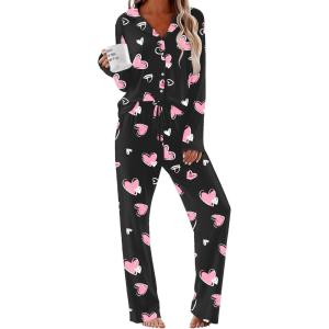 imageEkouaer Women Pajamas Set Long Sleeve Sleepwear Button Down Pjs Soft 2 Piece Loungewear with Long PantsBlack With Pink Hearts