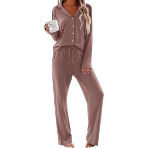 imageEkouaer Women Pajamas Set Long Sleeve Sleepwear Button Down Pjs Soft 2 Piece Loungewear with Long PantsBrown