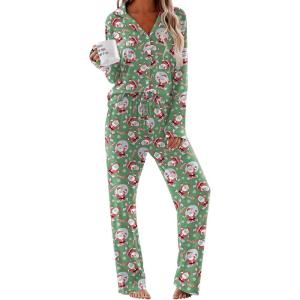 imageEkouaer Women Pajamas Set Long Sleeve Sleepwear Button Down Pjs Soft 2 Piece Loungewear with Long PantsChristmas Green