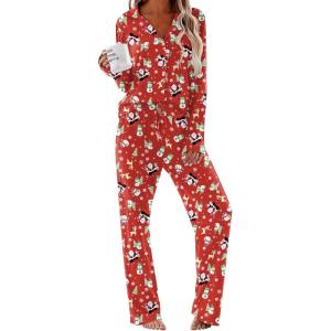 imageEkouaer Women Pajamas Set Long Sleeve Sleepwear Button Down Pjs Soft 2 Piece Loungewear with Long PantsChristmas Red