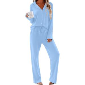imageEkouaer Women Pajamas Set Long Sleeve Sleepwear Button Down Pjs Soft 2 Piece Loungewear with Long PantsClear Blue