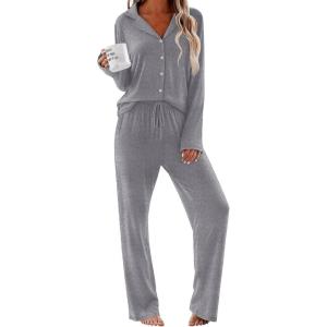 imageEkouaer Women Pajamas Set Long Sleeve Sleepwear Button Down Pjs Soft 2 Piece Loungewear with Long PantsGrey