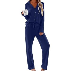 imageEkouaer Women Pajamas Set Long Sleeve Sleepwear Button Down Pjs Soft 2 Piece Loungewear with Long PantsNavy Blue