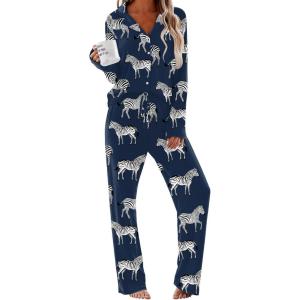 imageEkouaer Women Pajamas Set Long Sleeve Sleepwear Button Down Pjs Soft 2 Piece Loungewear with Long PantsNavy Zebra