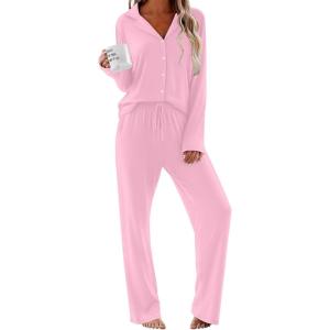 imageEkouaer Women Pajamas Set Long Sleeve Sleepwear Button Down Pjs Soft 2 Piece Loungewear with Long PantsPink