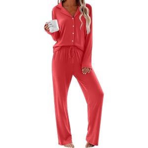 imageEkouaer Women Pajamas Set Long Sleeve Sleepwear Button Down Pjs Soft 2 Piece Loungewear with Long PantsRed