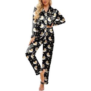 imageEkouaer Womens Classic Button Down Long Satin Silk Pajama SetBlack Teddy Moon