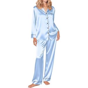 imageEkouaer Womens Classic Button Down Long Satin Silk Pajama SetLight Blue
