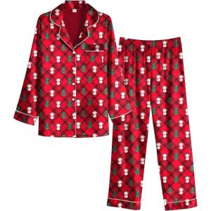 imageEkouaer Womens Classic Button Down Long Satin Silk Pajama SetRed Chirstmas Teddy