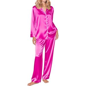 imageEkouaer Womens Classic Button Down Long Satin Silk Pajama SetRose Red