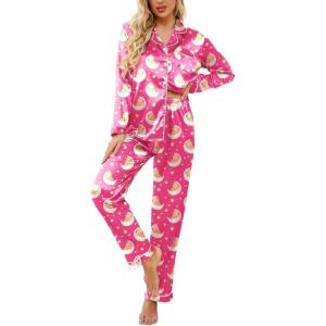 imageEkouaer Womens Classic Button Down Long Satin Silk Pajama SetRose Teddy Moon
