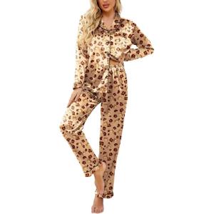 imageEkouaer Womens Classic Button Down Long Satin Silk Pajama SetTeddy Head Leopard