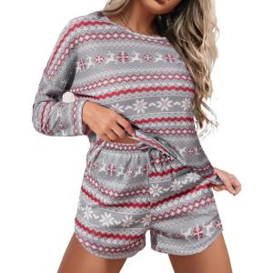 imageEkouaer Womens Waffle Knit Pajama Sets Long Sleeve Top and Shorts Matching Lounge Set Loungewear Sweatsuit with Pockets