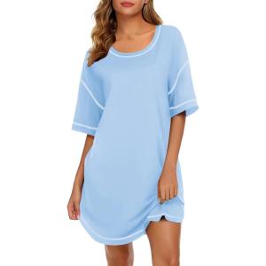 imageEkouaer Cotton Nightgowns for Women Oversized Sleepshirt Tshirt Night Gown Short Sleeve Night Shirt Casual Soft SleepwearLight Blue
