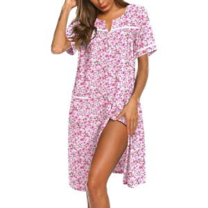imageEkouaer Nightgowns for Women Cotton House Dress with Pockets Button Down Night Gown Short Sleeve Duster Housecoat S3XLFloral Pink