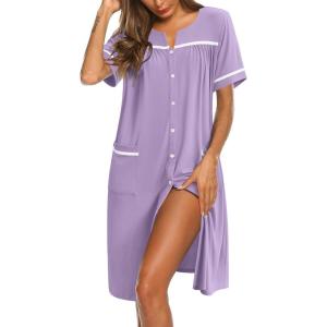 imageEkouaer Nightgowns for Women Cotton House Dress with Pockets Button Down Night Gown Short Sleeve Duster Housecoat S3XLLight Purple