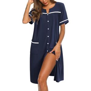 imageEkouaer Nightgowns for Women Cotton House Dress with Pockets Button Down Night Gown Short Sleeve Duster Housecoat S3XLNavy Blue