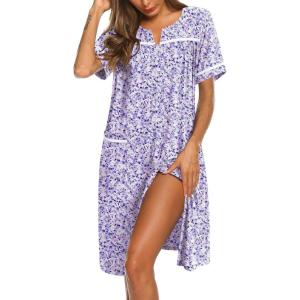 imageEkouaer Nightgowns for Women Cotton House Dress with Pockets Button Down Night Gown Short Sleeve Duster Housecoat S3XLPurple Dots
