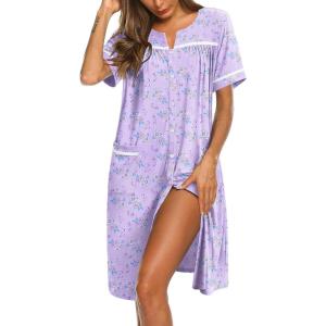 imageEkouaer Nightgowns for Women Cotton House Dress with Pockets Button Down Night Gown Short Sleeve Duster Housecoat S3XLPurple Florals