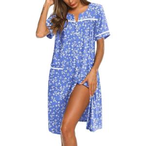 imageEkouaer Nightgowns for Women Cotton House Dress with Pockets Button Down Night Gown Short Sleeve Duster Housecoat S3XLWhite Green Flower