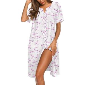 imageEkouaer Nightgowns for Women Cotton House Dress with Pockets Button Down Night Gown Short Sleeve Duster Housecoat S3XLWhite Purple Floral