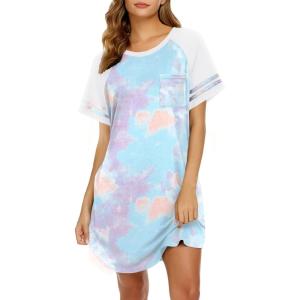 imageEkouaer Nightgowns for Women Short Sleeve Sleepshirts Crew Neck Nightshirts Color Block Pajamas Dress Soft Sleepwear Purple Tie Dye Small