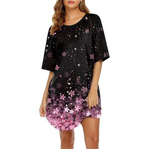 imageEkouaer Nightgowns for Women Short Sleeves Sleep Shirt Crew Neck Night Shirt Colorblock Sleep Dress