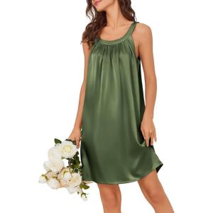 imageEkouaer Silky Satin Nightgown for Women Sleeveless Sleepwear Tank O Neck Night Shirts Pleated Sleepshirt Casual Dress S3XLArmy Green