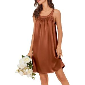 imageEkouaer Silky Satin Nightgown for Women Sleeveless Sleepwear Tank O Neck Night Shirts Pleated Sleepshirt Casual Dress S3XLCamel