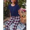 imageEkouaer 2 Pack Pajamas for Women Set Short Sleeve Sleepwear Top and Pants Pjs Soft Printed Lounge Sets with PocketsNavy Blue PlaidPink Flower