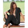 imageEkouaer Pajamas for Women Set Button Up Sleepwear Cute Pjs Ruffle Sleeve Notch Collar Loungewear with Long Pants SXXLBlack
