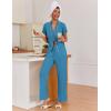 imageEkouaer Pajamas for Women Set Button Up Sleepwear Cute Pjs Ruffle Sleeve Notch Collar Loungewear with Long Pants SXXLLake Blue