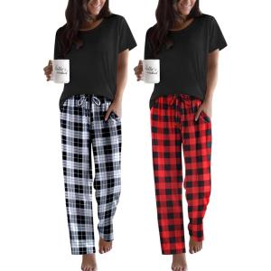 imageEkouaer 2 Pack Pajamas for Women Set Short Sleeve Sleepwear Top and Pants Pjs Soft Printed Lounge Sets with PocketsBlack Red PlaidBlack White Plaid