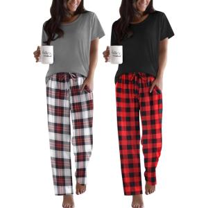 imageEkouaer 2 Pack Pajamas for Women Set Short Sleeve Sleepwear Top and Pants Pjs Soft Printed Lounge Sets with PocketsBlack Red PlaidLight Grey Plaid