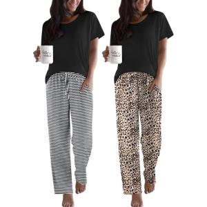 imageEkouaer 2 Pack Pajamas for Women Set Short Sleeve Sleepwear Top and Pants Pjs Soft Printed Lounge Sets with PocketsBlack StripedBlack Leopard