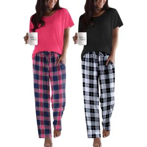 imageEkouaer 2 Pack Pajamas for Women Set Short Sleeve Sleepwear Top and Pants Pjs Soft Printed Lounge Sets with PocketsBlack White PlaidRose Pink Plaid