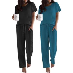 imageEkouaer 2 Pack Pajamas for Women Set Short Sleeve Sleepwear Top and Pants Pjs Soft Printed Lounge Sets with PocketsBlackBlue Green